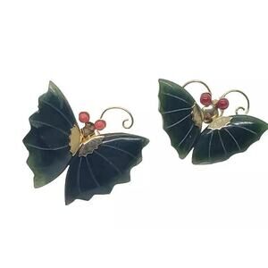 2 Pcs Vintage Jade & Coral Butterfly Brooch Pin Set Gold Plated WWII Boho